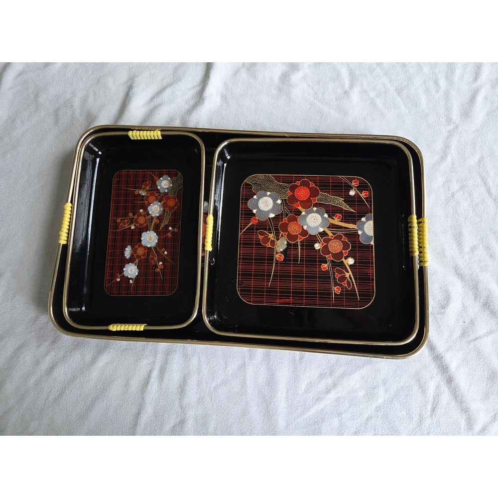 Vintage Japanese Lacquerware Trays Set 3 Black Gold Floral Plum Blossom Nesting